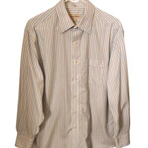Tommy Bahama Shirt Size 15.5 White Blue Gray Striped Button Up Long Sleeve